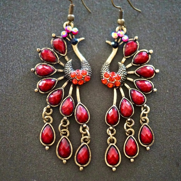 Red Rhinestone & Brass Peacock Earrings - Picture 4 of 7
